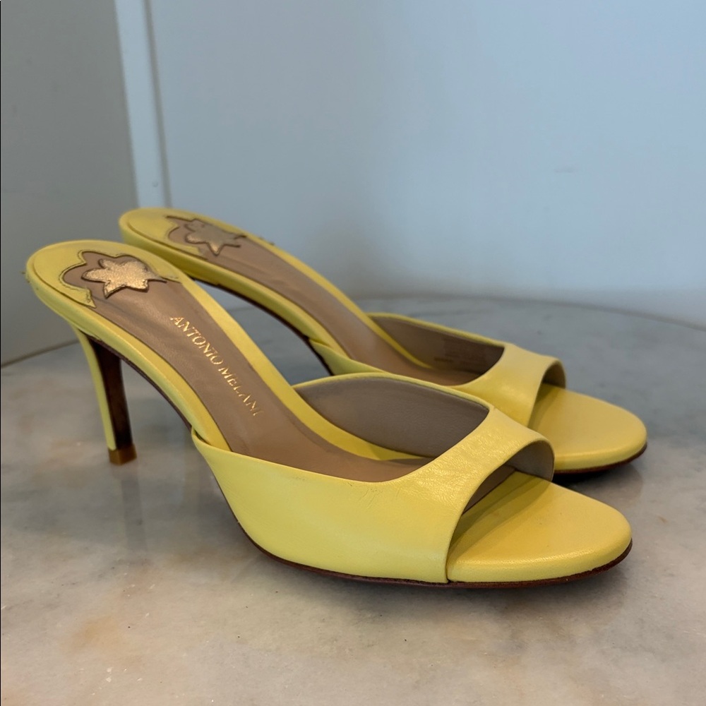ANTONIO MELANI Lemon Yellow Open-Toe Leather Mule Heels